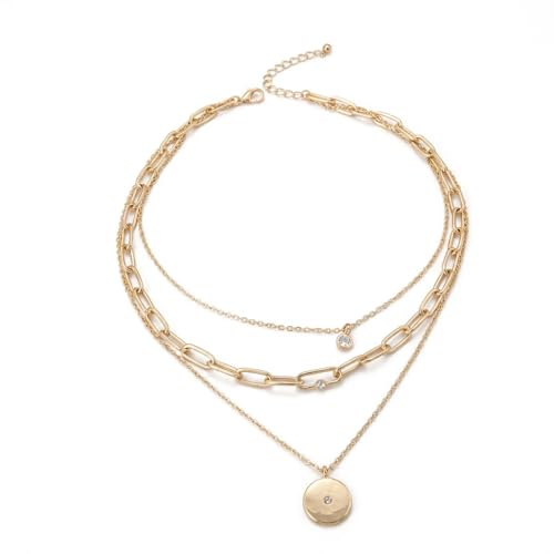 QCWN Gold Layered stacked Necklaces for women 3PS Chunky Statement Necklaces Stack Mixed Metal Charm Necklace for Women Trendy Coin Jewelry Gift for Her Gifts - style: Layered stack3