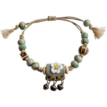 Handcrafted Bohemian Ceramic Flower Bracelet with Leaf Charm, Adjustable Beaded Bracelet for Women, Unique Handmade Jewelry Gift for Nature Lovers - style: Bohemian