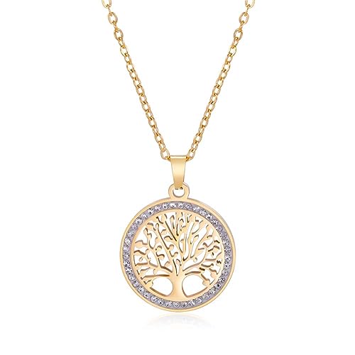 Dreamtimes Tree of Life Necklace for Women Stainless Steel Gold Color Clear Zircon Round Pendant Neck Chains Family Tree Fashion Charm Luxury Jewelry Wedding Gift - color: GOLD