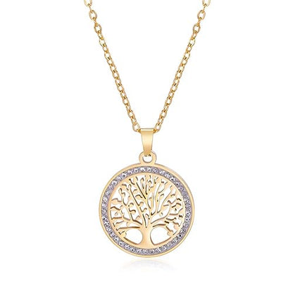 Dreamtimes Tree of Life Necklace for Women Stainless Steel Gold Color Clear Zircon Round Pendant Neck Chains Family Tree Fashion Charm Luxury Jewelry Wedding Gift - color: GOLD