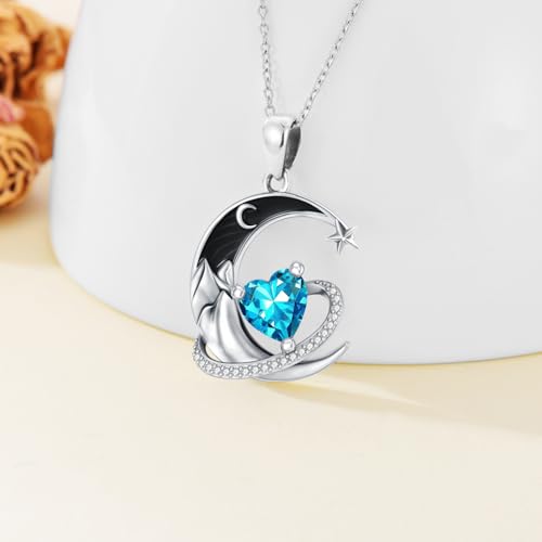 I Love You to the Moon and Back Necklace 925 Sterling Silver Black Crescent Moon Star Pendant with Heart Birthstone Necklace Anniversary Gothic Jewelry Gifts for Women Wife Lovers - color: 03-Mar-Aquamarine