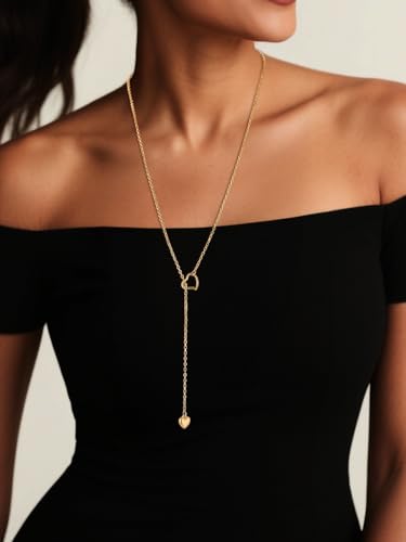 FOCALOOK Heart Lariat Necklaces for Women, Long Slip Chain Necklace | Hypoallergenic 316L Stainless Steel Silver/Black/Gold Plated, Front Slider Closure, Non Tarnish, Layered look, Everyday Wear - color: 03:Gold Heart