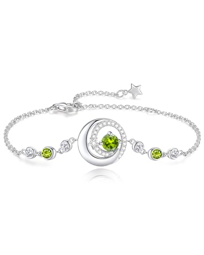 FANCIME Birthstone Bracelets 925 Sterling Silver Moon and Star Bangle Charm Bracelet Fine Jewelry Anniversary Birthday Mothers Day Gifts for Mom Her Women, Adjustable Chain 6.7"+1.2" Extend - color: link-8-peridot