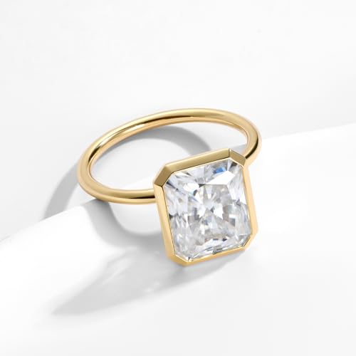 Radiant Cut Moissanite Engagement Ring for Women, Bezel Set Solitaire Ring | D Color VVS1 925 Sterling Silver 14K Gold Plated Wedding Ring, Available in 2CT 3CT 5CT, Diamond Alternative Promise Jewelry - style: 01 - Yellow Gold - 5CT Radiant Moissanite