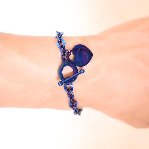 Heart Charm Bracelet Plated 18K Gold/Silver/Rose Gold Bible Scripture Heart Bracelet for Women Jewelry Gift Zircon Her Link Chain OT Clasp Stainless Steel Birthday - color: Blue, size: 7.1 inch
