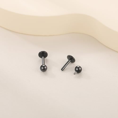 Xpircn ASTM F136 Titanium Flat Back Stud Earrings Internally Threaded Labret Monroe Lip Nose Studs Tragus Helix Conch Cartilage Piercing Jewelry for Women - color: 18G 6MM Bar,3MM Ball,Black