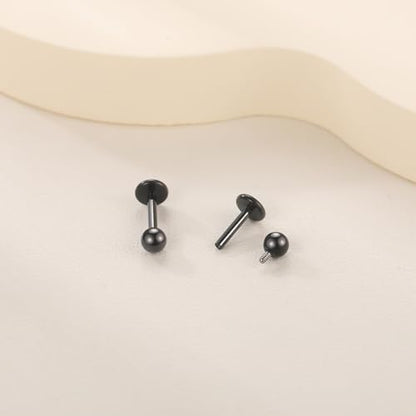 Xpircn ASTM F136 Titanium Flat Back Stud Earrings Internally Threaded Labret Monroe Lip Nose Studs Tragus Helix Conch Cartilage Piercing Jewelry for Women - color: 18G 6MM Bar,3MM Ball,Black