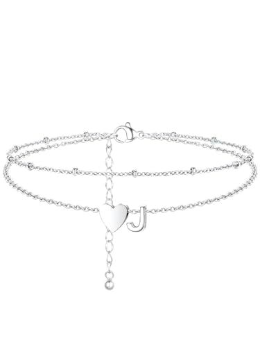 Ankle Bracelets for Women Waterproof 14K Gold/Silver/Black Initial Anklet for Women Dainty Layered Heart Ankle Bracelets Stainless Steel Adjustable Foot Chain Anklet Summer Beach Jewelry - color: J-Silver
