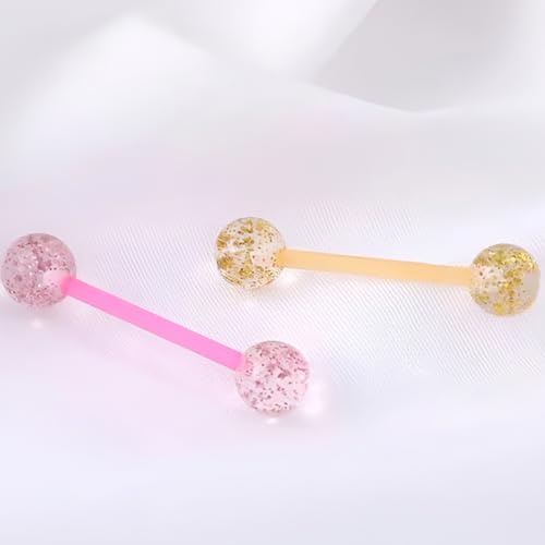 Sequin Barbell Piercing Set for Men Women 14 G Acrylic Tongue Ring Jewellery Long Cute Nipple Piercings Bars Kit Hypoallergenic Flexible Stud 4 pcs Body Jewelry Size 16 MM - color: Pink