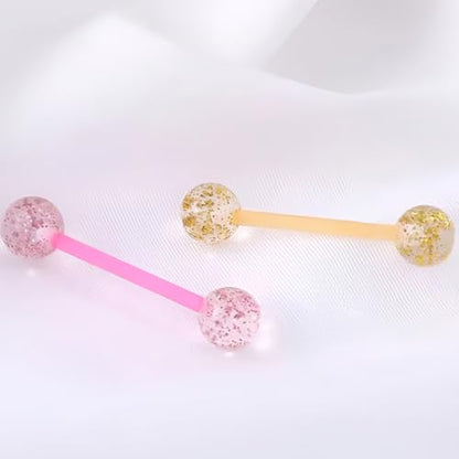 Sequin Barbell Piercing Set for Men Women 14 G Acrylic Tongue Ring Jewellery Long Cute Nipple Piercings Bars Kit Hypoallergenic Flexible Stud 4 pcs Body Jewelry Size 16 MM - color: Black