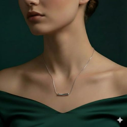 inimalist Silver-Tone Curved Bar Pendant Necklace – Sleek Polished Cylinder Charm on Dainty Snake Chain – Modern Geometric Jewelry