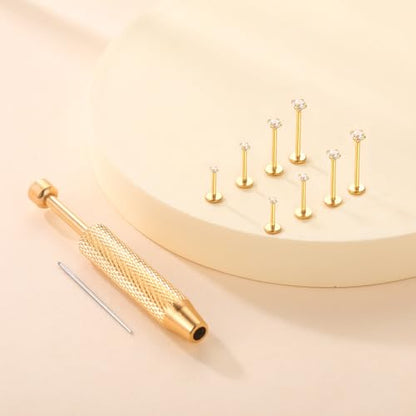 Xpircn Flat Back Stud Earrings 14K Gold Plated Internally Threaded CZ Stud Piercing Jewelry for Tragus Helix Cartilage Conch Nose Hypoallergenic Lip Labret Medusa Piercing 16G 18G - color: 18 Gauge, Gold, size: Mixed (6/8/10/12mm) Bar