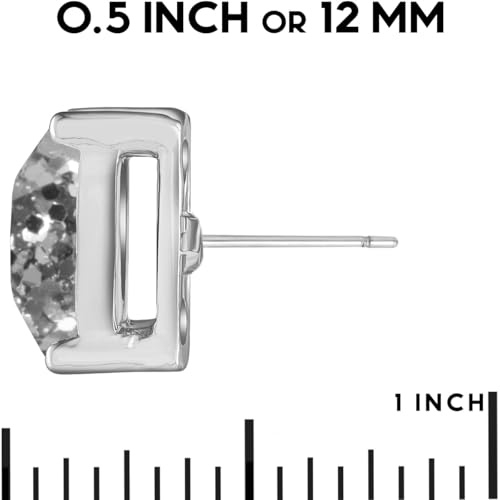 Large Square Stud Earrings for Women - Big Sparkly Rhinestone Studs | Plated in Gold Tone or Silver Tone, Hypoallergenic and Safe for Sensitive Ears - color: Silver Glitter - Silver Tone Metal