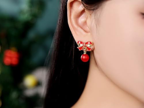 Gold Bow Earrings for Women, Long Tassel Chain Drop Earrings, Trendy Small Bow Earrings, Ribbon Waterfall Dangling Earrings, Pearl Bow Earrings, Sparkly Elegant Bowknot Preppy Jewelry Gifts for Women - color: W-Red Bow2