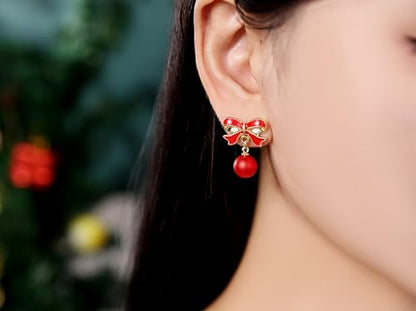 Gold Bow Earrings for Women, Long Tassel Chain Drop Earrings, Trendy Small Bow Earrings, Ribbon Waterfall Dangling Earrings, Pearl Bow Earrings, Sparkly Elegant Bowknot Preppy Jewelry Gifts for Women - color: W-Red Bow2