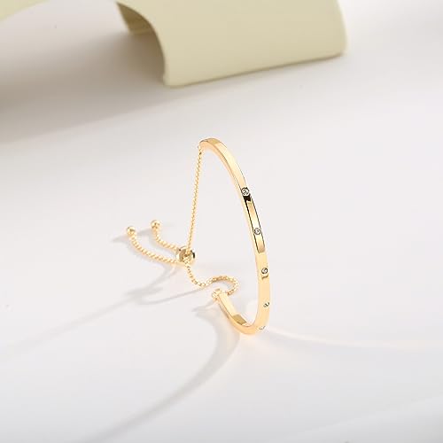 14K Gold Bracelets for Women Adjustable Slider Bracelet Bangle Bracelets for Women Trendy Chain Bracelet - color: Gold CZ Bar