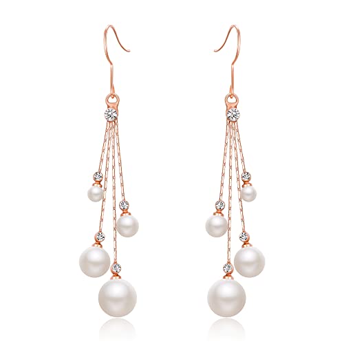 EleQueen Women's Silver-tone Crystal Simulated Pearl 4 Chain Bridal Long Dangle Hook Earrings Ivory Color - color: A-Rose Gold-Tone