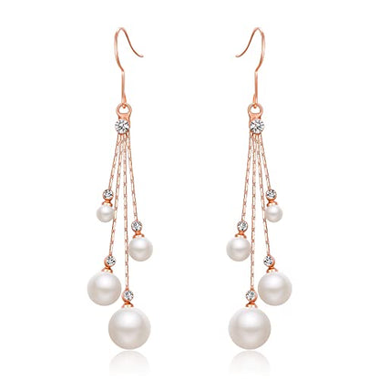 EleQueen Women's Silver-tone Crystal Simulated Pearl 4 Chain Bridal Long Dangle Hook Earrings Ivory Color - color: A-Rose Gold-Tone