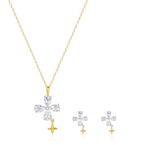 14K Gold Plated | 14K Platinum Plated Necklace for Women Necklace Earrings Set with Sparkling Zircon Inlay and Silver Post Earrings - color: Cross fringe set gold