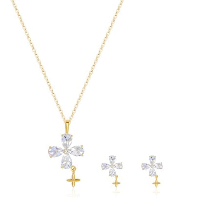 14K Gold Plated | 14K Platinum Plated Necklace for Women Necklace Earrings Set with Sparkling Zircon Inlay and Silver Post Earrings - color: Cross fringe set gold