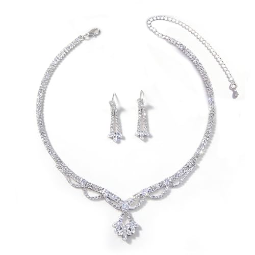 Women's Fashion Jewelry Rhinestone Zircon Necklace and Earring Set Formal Ball Gown Accessories Silver Floral Pendant Bridal Wedding Jewelry Suitable for Weddings, Balls, Banquets, and All Special Occasions - style: GST002