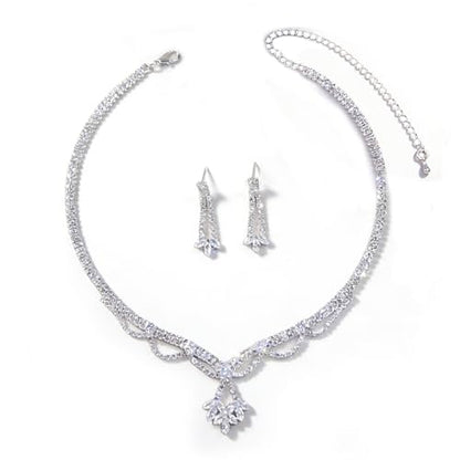 Women's Fashion Jewelry Rhinestone Zircon Necklace and Earring Set Formal Ball Gown Accessories Silver Floral Pendant Bridal Wedding Jewelry Suitable for Weddings, Balls, Banquets, and All Special Occasions - style: GST002