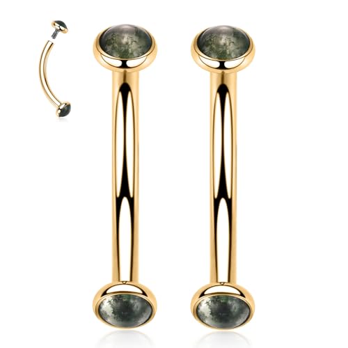G23 Titanium Eyebrow Piercing Jewelry Eyebrow Rings Curved Barbell 16G Eyebrow Belly Button Ring Navel Rings Rook Daith Earrings Lip Ring Eyebrow Jewelry 6mm-12mm - color: 2PCS,Disc Shape Moss Agate,Gold