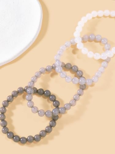 4Pcs Natural Stone Beaded Bracelet Set Women Stretch Crystal Beads Stack | Smooth round polished beads; neutral gray & white tone palette; durable stretch cord fits most wrist sizes comfortably.