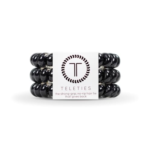 TELETIES - Spiral Hair Coils - Ponytail Holder Hair Ties for Women - Phone Cord Hair Ties - Strong Grip, No Rip, Water Resistant, No Crease Hair Tie Coils - 3 pack (Large, Jet Black) - color: Jet Black