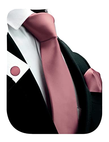 GUSLESON 3.15"（8cm） Solid Color Necktie and Pocket Square Cufflinks Sets For Men + Gift Box - color: Dusty Rose