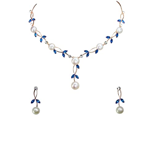 Faship Genuine Freshwater Pearls Floral Necklace Earrings Set | Premium CZ Crystal, Gorgeous, Sparkling - color: Blue / Rose Gold Plated