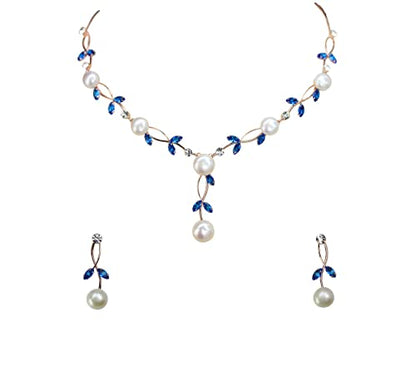 Faship Genuine Freshwater Pearls Floral Necklace Earrings Set | Premium CZ Crystal, Gorgeous, Sparkling - color: Blue / Rose Gold Plated