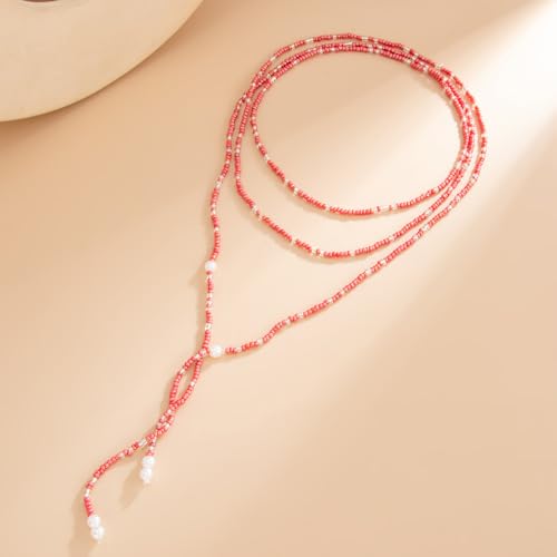 GYRMMUE Colorful Seed Bead Lariat Necklace for Women Boho Y Drop Beaded Choker Adjustable Multi Strand Wrap Necklaces Dainty Long Tassel Rice Bead Necklaces Everyday Party Jewelry - color: Pink
