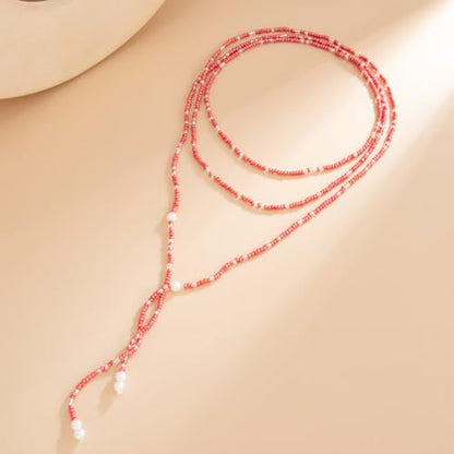 GYRMMUE Colorful Seed Bead Lariat Necklace for Women Boho Y Drop Beaded Choker Adjustable Multi Strand Wrap Necklaces Dainty Long Tassel Rice Bead Necklaces Everyday Party Jewelry - color: Pink