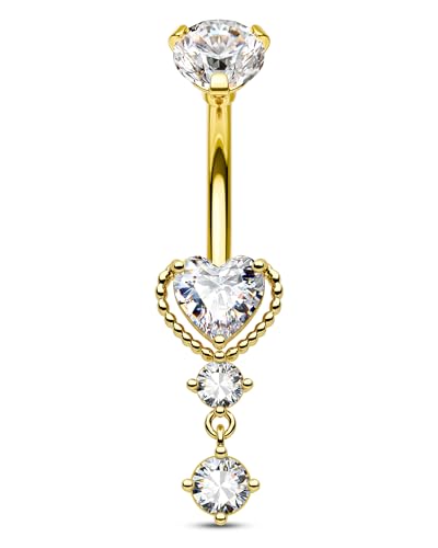 Dangle Belly Button Rings 14G Heart Belly Navel Rings for Women Surgical Steel Navel Piercing Jewelry - color: YG-10MM