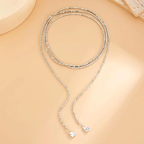 FUTIMELY Gold Long Body Chain Tassel Pendant Necklace for Women,Shiny Metallic Cube Beaded Adjustable Y Drop Lariat Necklace Minimalist Textured Jewelry - color: Silver