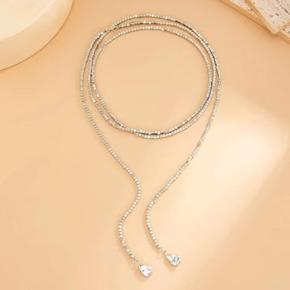 FUTIMELY Gold Long Body Chain Tassel Pendant Necklace for Women,Shiny Metallic Cube Beaded Adjustable Y Drop Lariat Necklace Minimalist Textured Jewelry - color: Silver
