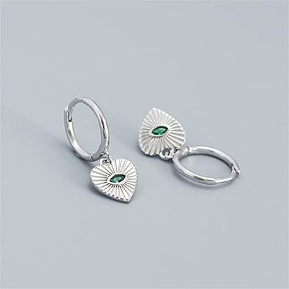 Heart Evil Eye Dangle Small Hoop Earrings for Women Girls 925 Sterling Silver Green CZ Eyes Charms Drop Dangling Huggie Hoops Cartilage Cuff Hypoallergenic Earring Gifts Birthday Christmas Valentine - color: Silver