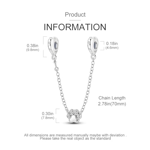 925 Sterling silver Safety Chain Charm for Bracelet Pendants Clip Beads | Infinite Love Butterfly Evil Eye Stopper Spacer dangle Charm for Woman Jewelry Gift - color: Paw print