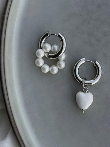 Asymmetric Silver Plated Huggie Hoop Earrings for Women, Heart Charm & Faux Pearl Beaded Drop Earrings for Everyday Wear