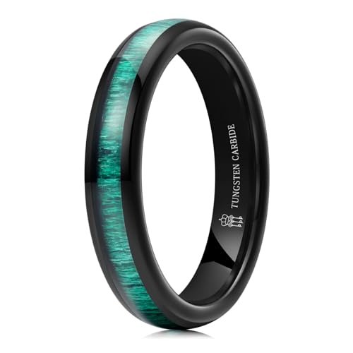 THREE KEYS JEWELRY Tungsten Wedding Band Koa wood Inlay Black Domed | 4mm, 6mm, 8mm, Everyday Wear, Black, Domed, Koa wood inlay - color: Black+Green Wood 4mm