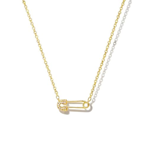 VRIUA Gold Necklace for Women, 14K Gold Plated Dainty Charm Necklace | Italian Horn, Star of David, Butterfly, Sun, Lotus, Sports and Cowboy Boot Charms, Everyday Jewelry Gift for Women - color: Safety Pin