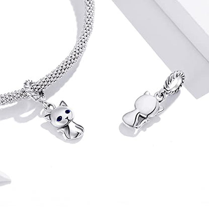 BISAER 925 Sterling Silver Charms for Bracelets Cat Dog Sloth Animal Beads Butterfly Fairy Heart Dangle Pendant Charms - color: Lovely Cat