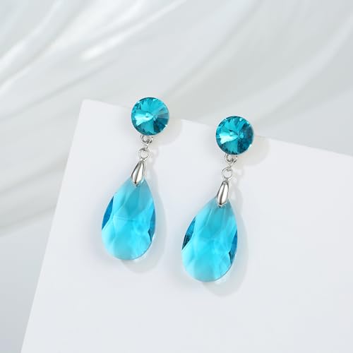 Round and Teardrop Crystal Stud Dangle Earrings Hypoallergenic Gold Plated Birthstone Drop Earrings Trendy Evening Prom Pageant Jewelry Gift for Women - color: light blue