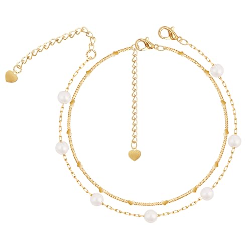 Gold/Sterling Silver Anklet Bracelets for Women Waterproof, Non Tarnish 925 Sterling Sliver Plated Heart Evileye Butterfly Charm, Dainty Summer Beach Anklets for Women, Beach Vacation Bikini Outfits for Her Mom - style: Pearl-Gold