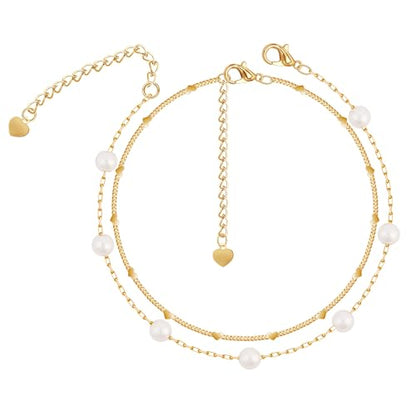 Gold/Sterling Silver Anklet Bracelets for Women Waterproof, Non Tarnish 925 Sterling Sliver Plated Heart Evileye Butterfly Charm, Dainty Summer Beach Anklets for Women, Beach Vacation Bikini Outfits for Her Mom - style: Pearl-Gold