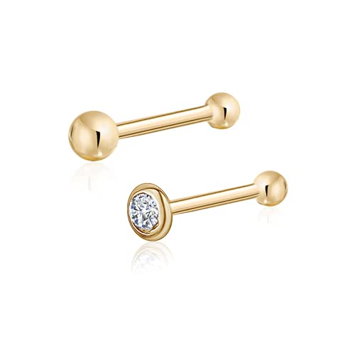 Massete 18k 14k Gold Nose Ring - 20g Nose Stud, Hypoallergenic Threadless Piercings for Women Men, Yellow White Rose Real Gold Standard or Long Nose Rings Studs, CZ or Ball Nose Piercing Jewelry - color: Simulated Diamond & Ball - 14k Yellow Gold - 2 Pack