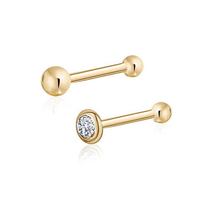 Massete 18k 14k Gold Nose Ring - 20g Nose Stud, Hypoallergenic Threadless Piercings for Women Men, Yellow White Rose Real Gold Standard or Long Nose Rings Studs, CZ or Ball Nose Piercing Jewelry - color: Simulated Diamond & Ball - 14k Yellow Gold - 2 Pack