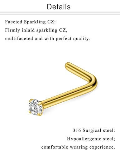 Nose Studs Surgical Steel Nose Rings Studs with Cubic Zirconia 10Pcs Tiny Nostril Rings for Women Screw Bone and L-Shaped Nostril Piercing Jewelry 24G 22G 20G 18G - color: goldtone,L shaped nose studs, size: 18g,1.5mm Clear CZ