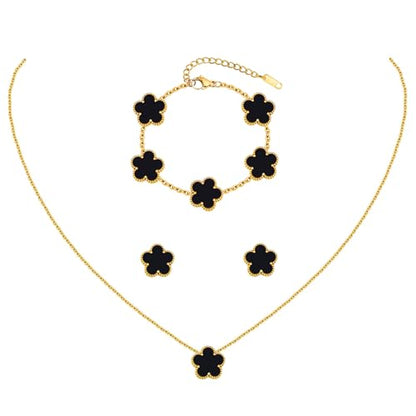 Clover Jewelry Set for Women, 18K Gold Plated Necklace Bracelet & Stud Earrings Set, Stainless Steel Non Tarnish Gold Jewelry Set, Lucky Necklace and Earring Set Gift for Her - color: Black